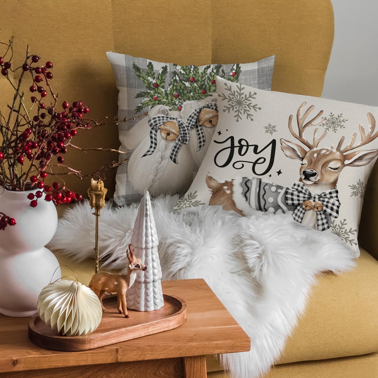 BoopZilla Set of 4 Christmas Pillow Covers, Winter Holiday Decorative Throw Pillow Covers, Cute Snowman-Reindeer-Mittens-Eucalyptus Design, Cozy Christmas Decor for Sofa Couch (18" x 18" (Pack of 4))