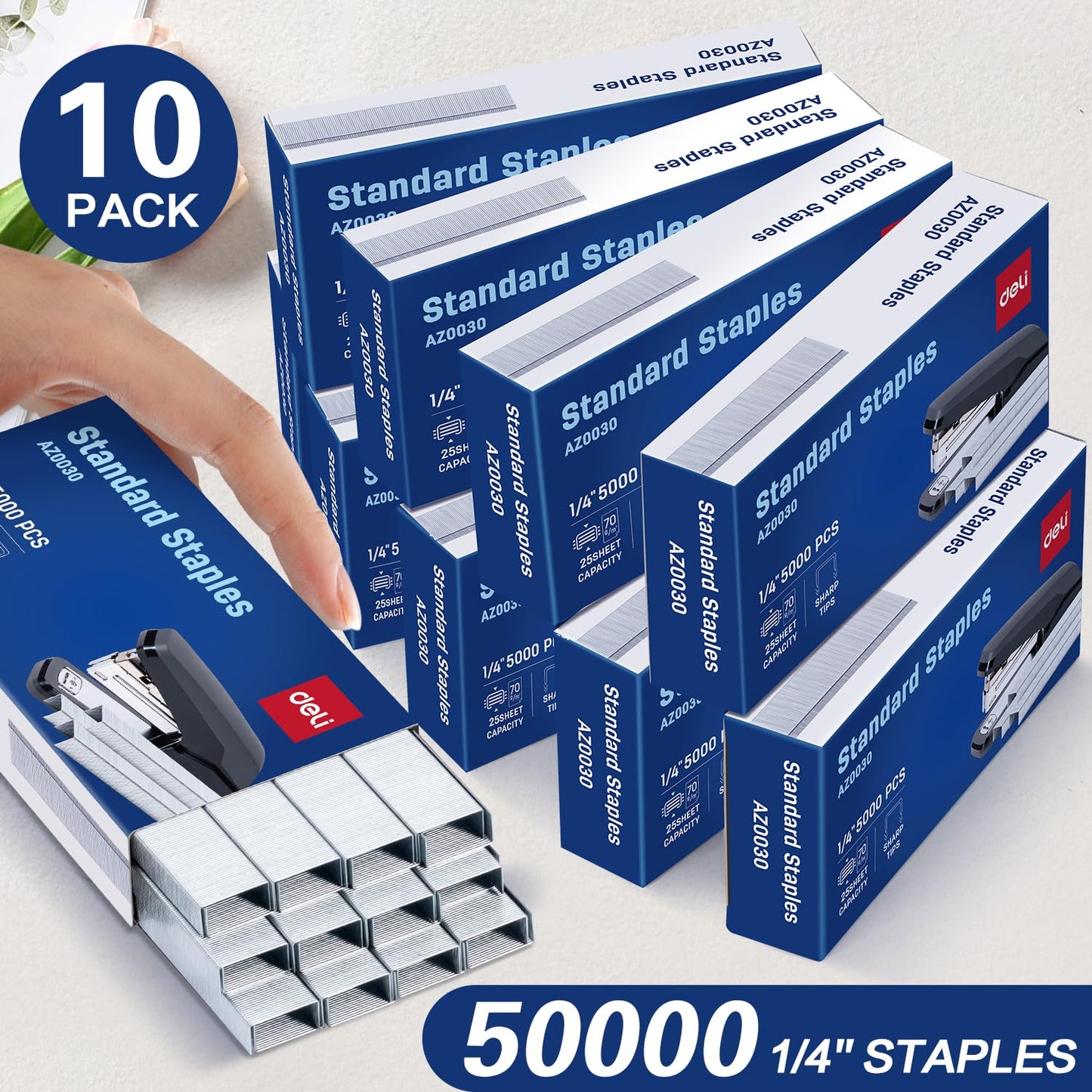Deli Staples, 50000 Staples, Standard Staples for Desktop Staplers, 1/4'' Length, 210/Strip, 10 Boxes of 5000 Each