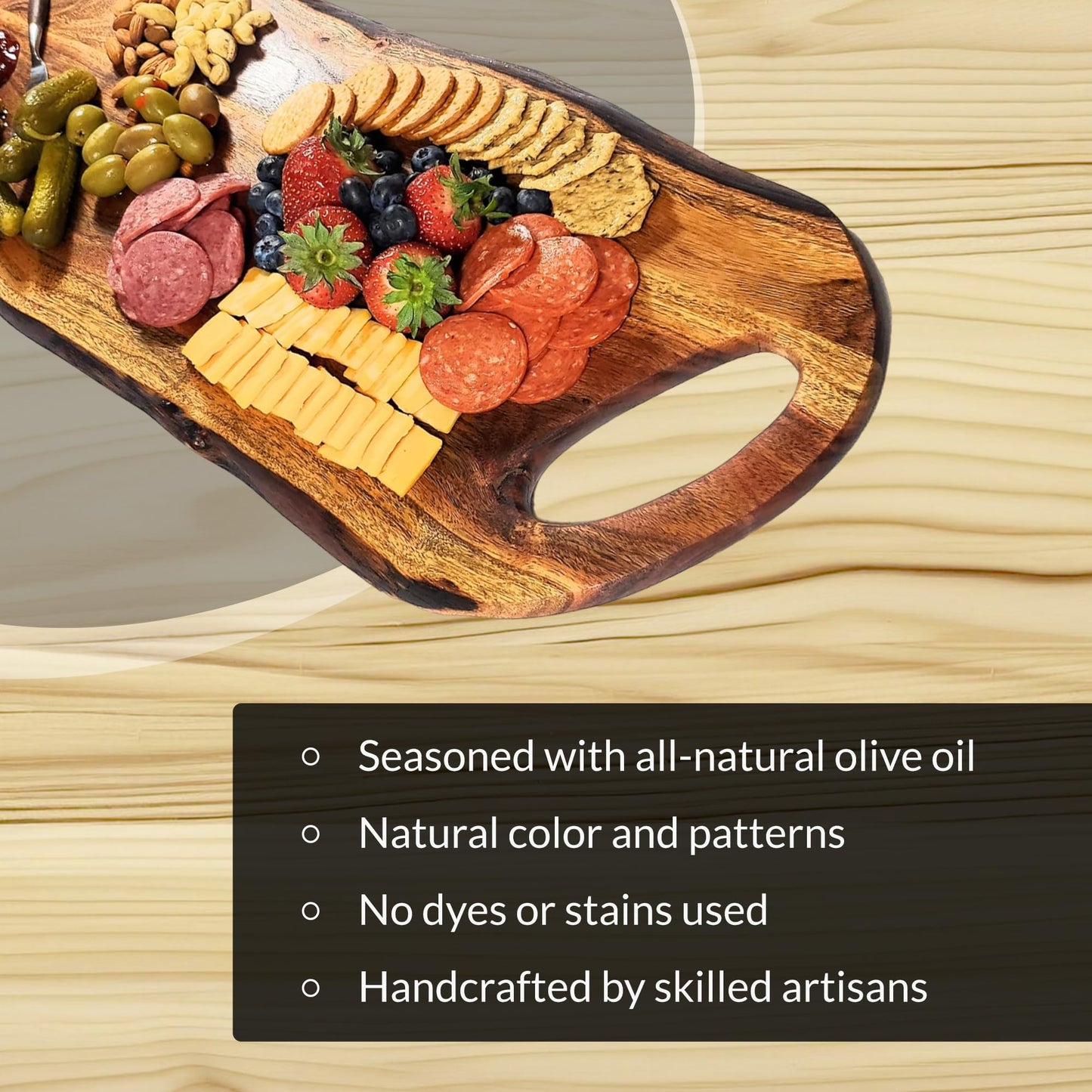 Acacia Charcuterie Board with Natural Live Edge & Round Handle - Wood Cheese Board - Decorative Wooden Serving & Cutting Board - Housewarming, Mothers Day, New Home & Wedding Gifts (XL - 24” x 10”)