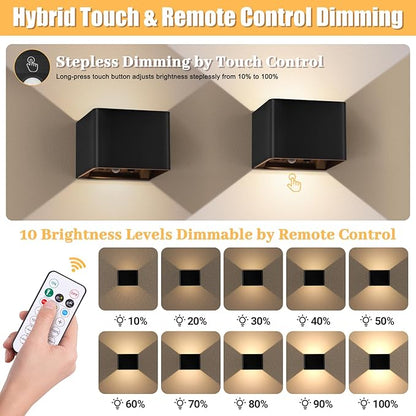 Motion Sensor Wall Sconces with Remote Control, 6000mAh Black Wireless Touch Control Rechargeable Wall Lamps with 3 Color Temperatures, LED Up Down Battery Operated Wall Lights Indoor, 2-Pack