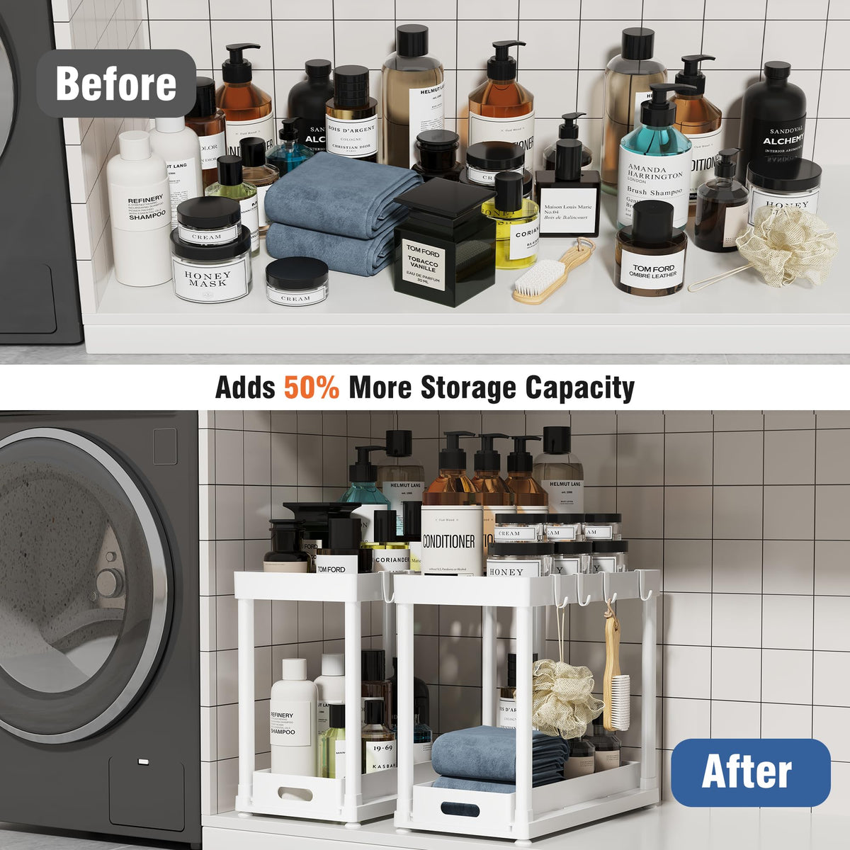 2PC Under Sink Organizer Rack 2 Tier Under Sliding Cabinet Basket Organizer Drawer with 4 Hooks, Multi-purpose Under Sink Storage for Bathroom Kitchen Desktop（Black）