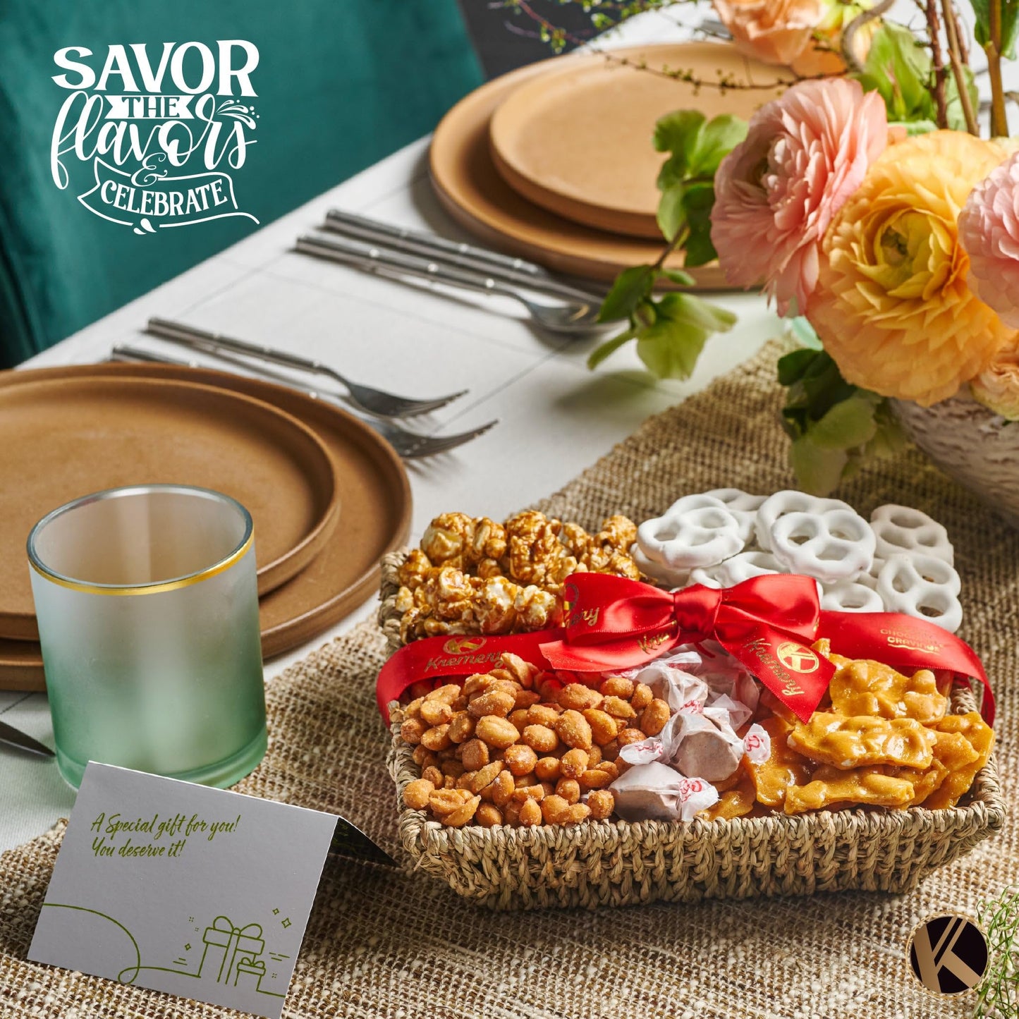 KREMERY Creamy Chocolate Cravings Chocolate Covered Pretzels, Nuts, Candy & Caramel Popcorn (Classic, 1.5 lbs) Sweet Treats in Seagrass Tray with Ribbon Kosher Arrangement