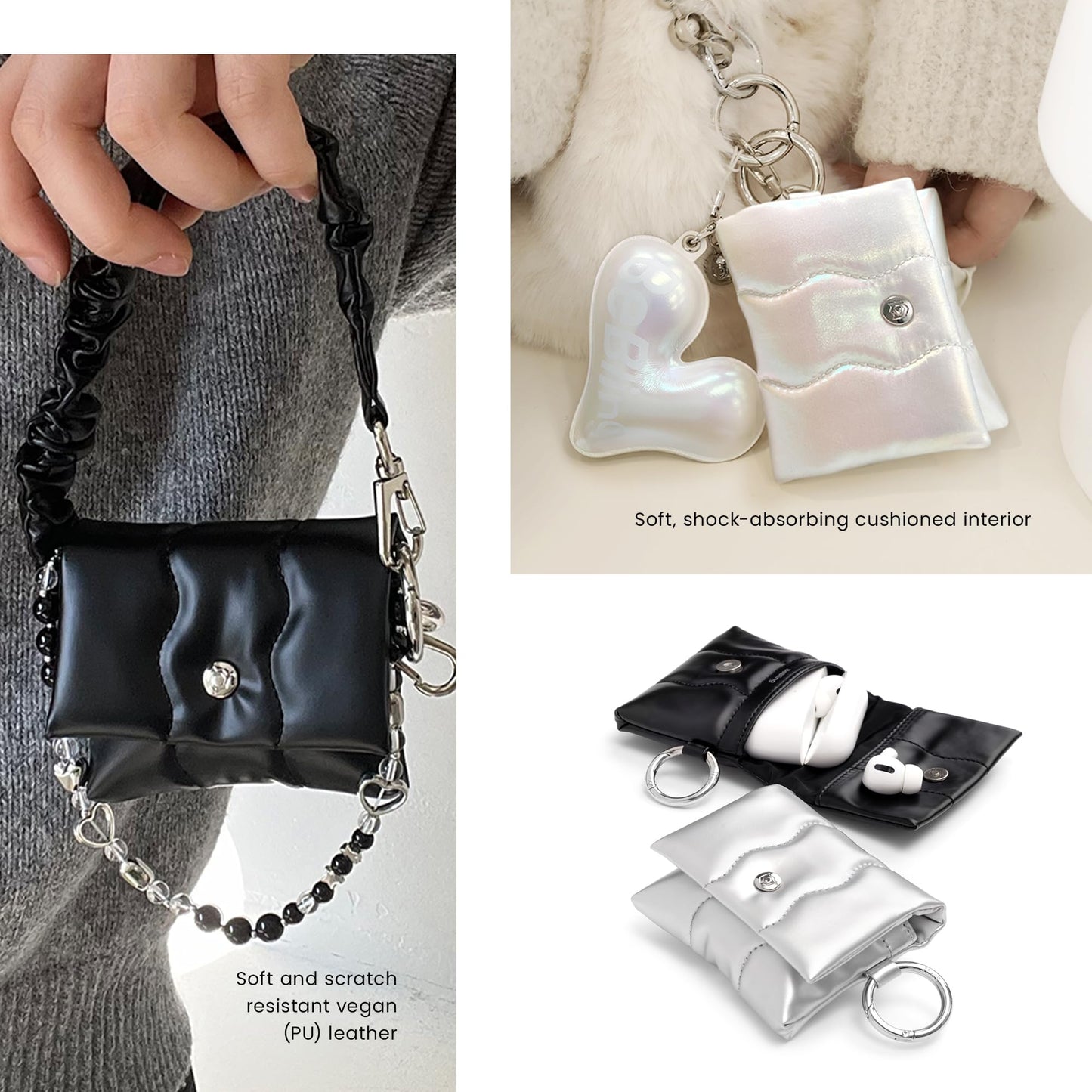 iFace BeBling Wave Soft Earbud Pouch [Vegan Leather, Water-Resistant Cushion Protection, Magnetic Closure,Carabiner Hook,Stylish Compact Case Compatible with AirPods 1/2/3/4,Pro1/2&Galaxy Buds]-Silver