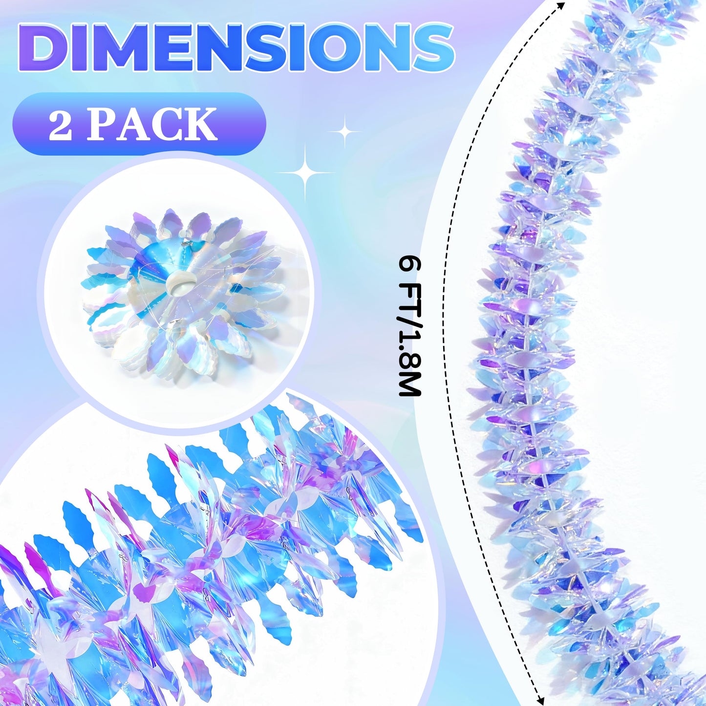 BTSD-home 2 Pack Iridescent Party Decoration Hanging Tinsel Garland Shiny Metallic Foil Reusable Fold-Flat Frozen Themed Party Supplies for Classrooms Bedrooms Pools Windows and Christmas Trees