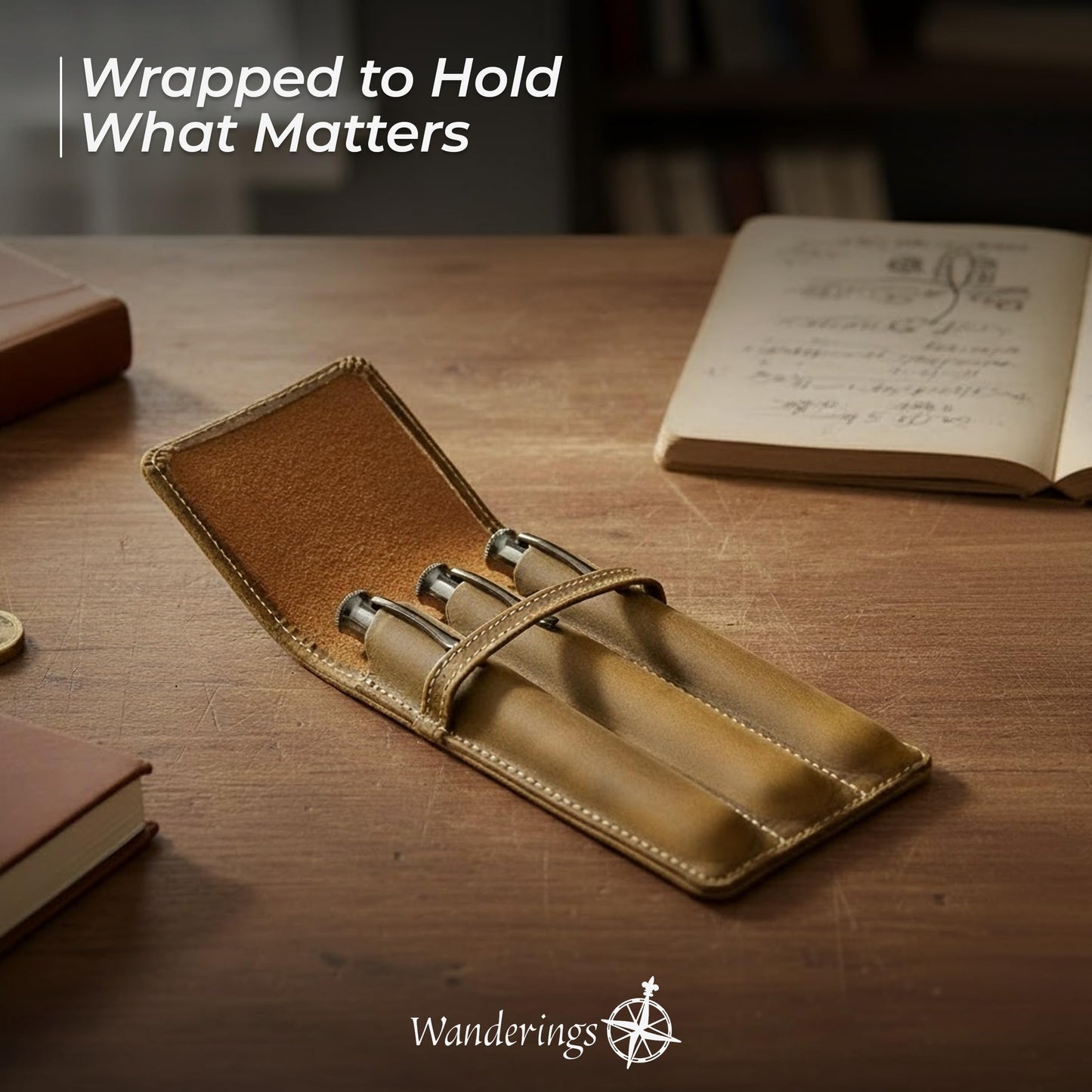 WANDERINGS Vintage Leather 3-Slot Pen Pouch – Handcrafted Brown Pen Case – Individual Leather Pen Sleeves for Fountain Pens, Rollers & Ballpoints – Pen Holder for Men and Women – 3.4" x 6" x 0.8"