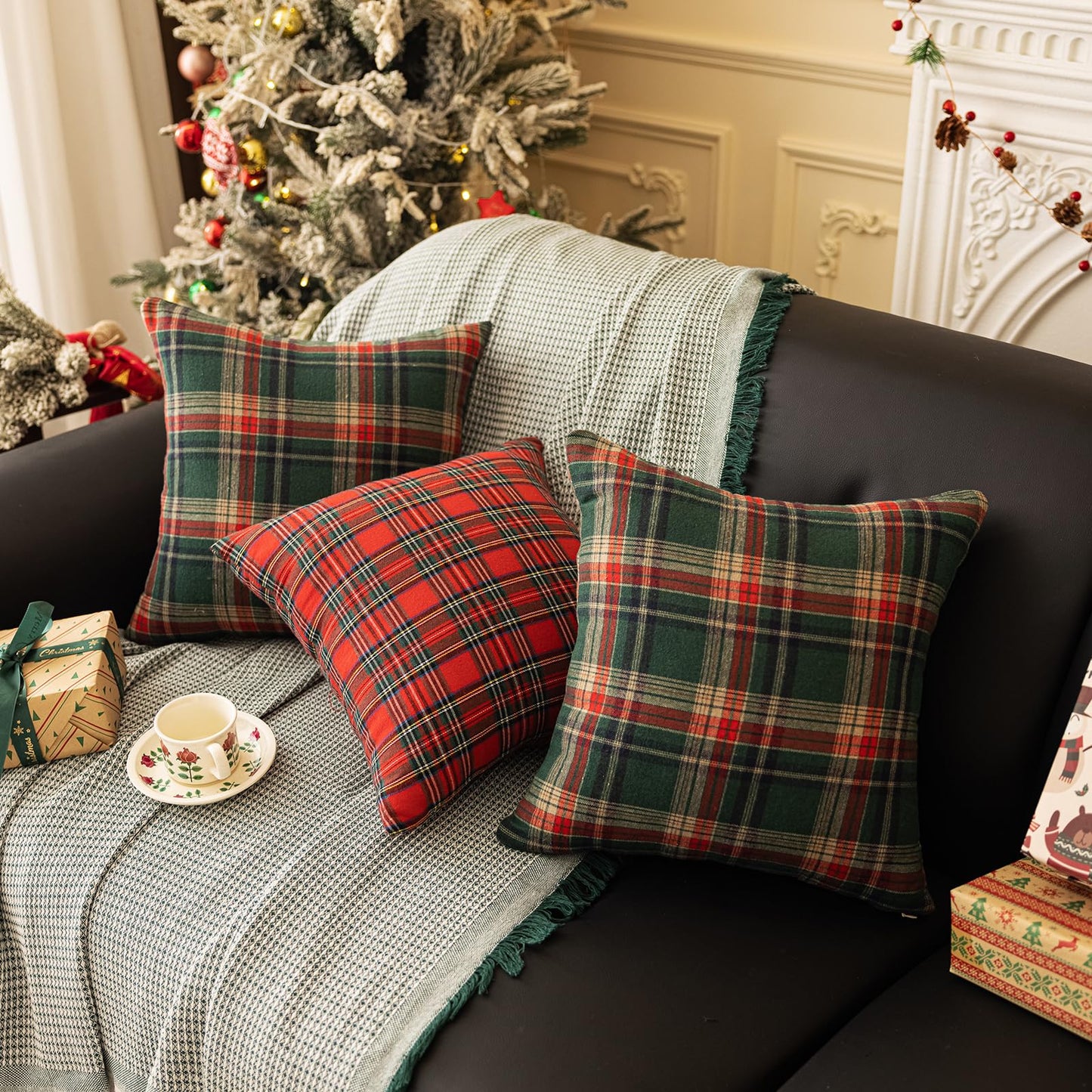 vctops Christmas Green Plaid Throw Pillow Covers 18x18 Inch Farmhouse Scottish Tartan Decorative Square Cushion Cases for Holiday Home Decor Sofa Couch (Green,18"x18")