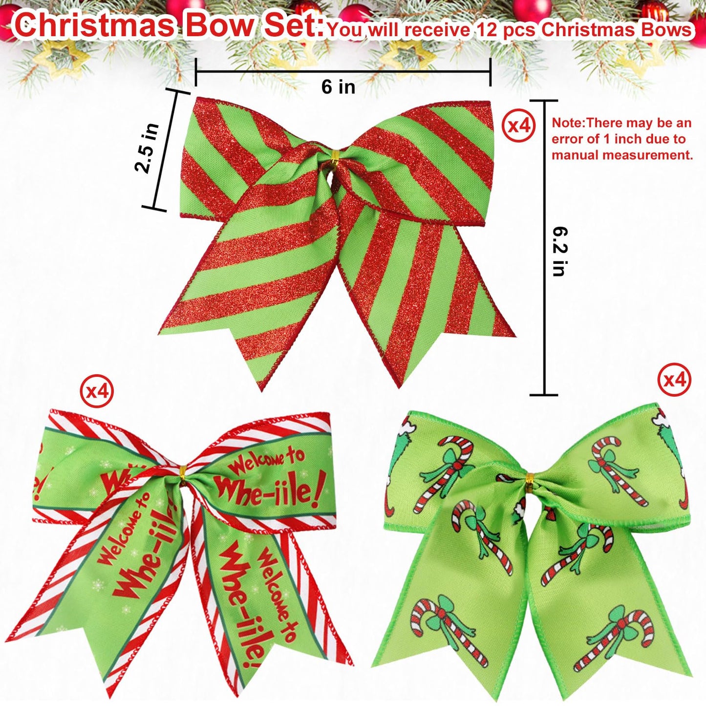 Wninbu 12 Pcs Red Green Christmas Bows,6 Inch Large Wreaths Bows for Tree Gift Wrapping Garland,Christmas Decoration Holiday Party Crafts Xmas Tree Ribbon Ornaments (Pattern)
