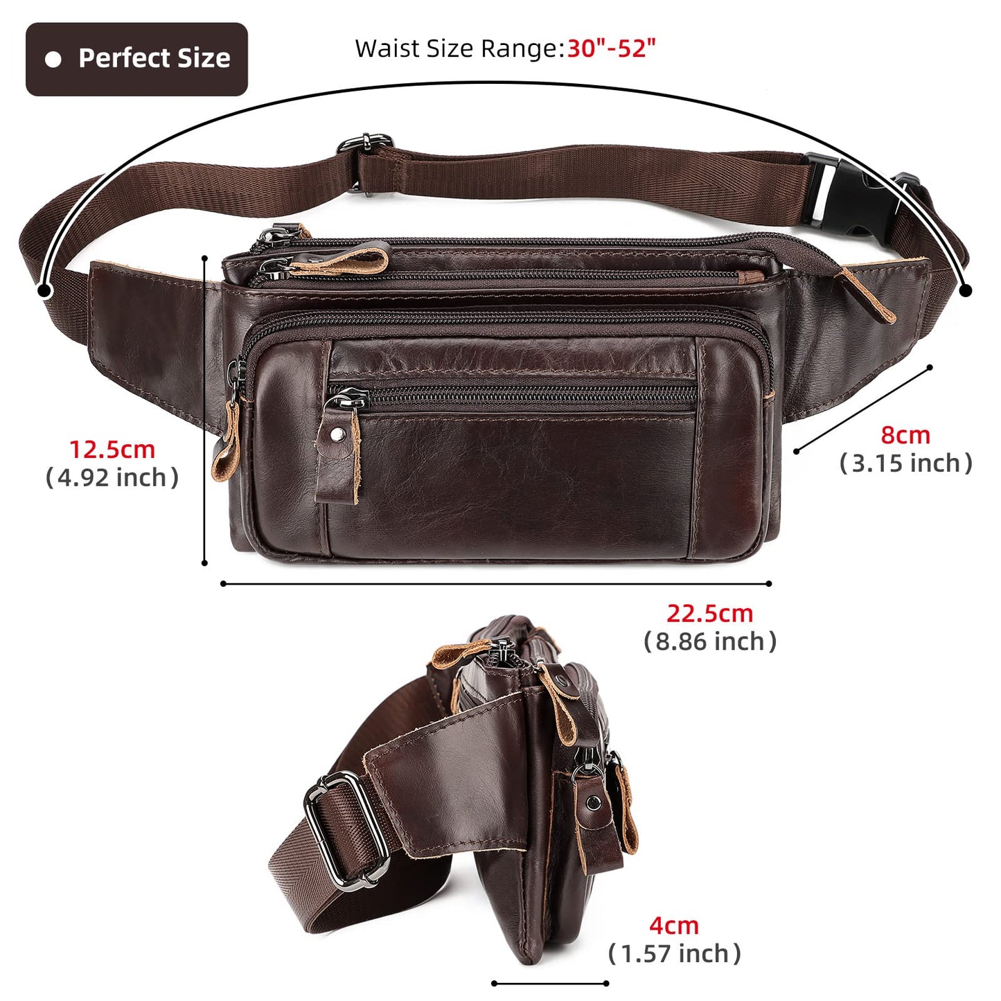 Soft Genuine Leather Fanny Pack for Men Women, Belt Bag Waist Packs Small Sling Crossbody Bag with Adjustable Strap for Travel Sport Walk (Coffee)
