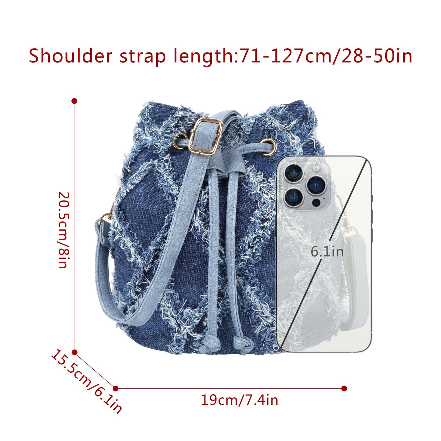 Hyuyikuwol Women Denim Mini Bucket Shoulder Crossbody Bag Drawstring Quilted Distressed Tassel Barrel Shape Satchel Purse, Blue