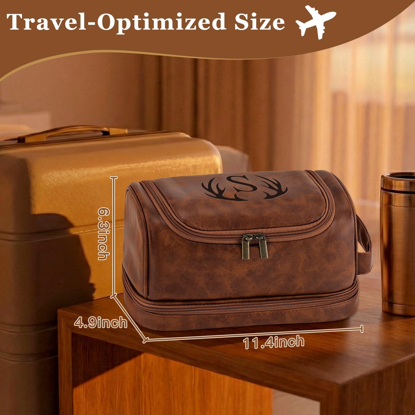 Aganmi Personalized Toiletry Bag Fathers Day Birthday Gifts for Men Dad Husband, Custom Initial PU Leather Waterproof Toiletry Organizer Dopp Kit Shaving Bag Travel Essential for Men (Reddish Brown J)