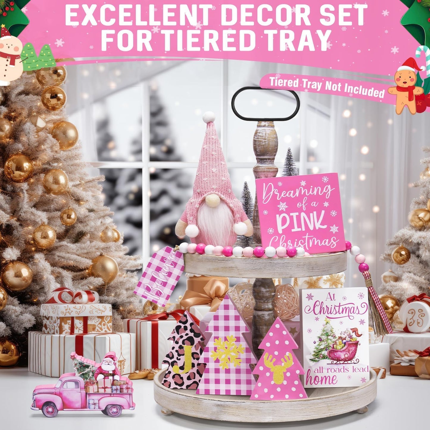 Asoulin Pink Christmas Tiered Tray Decor 8 PCS Xmas Decorations Indoor - Believe Christmas Wooden Signs & Pink Xmas Gnome Plush Set - Table Decor Tier for Home Kitchen Mantel