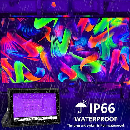 30W Black Lights, 2 Pack LED Blacklight Flood Light with Plug, IP66 Waterproof Black Lights for Glow Party, Glow in The Dark, Stage Lighting, Body Paint, Fluorescent Poster, Neon Glow