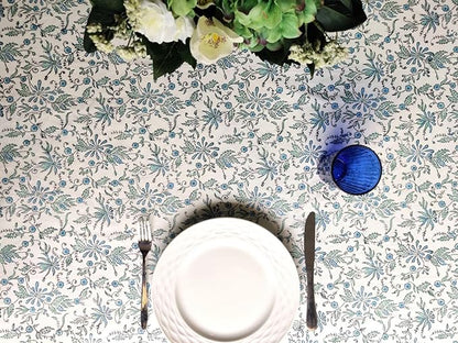 ATOSII Aster Blue 100% Cotton Rectangle Boho Fall Tablecloth, Handblock Floral Table Cloth Linen for Kitchen Dining I Parties Wedding Outdoors Christmas Thanksgiving I Fall Home Decor 60 X 90 Inches