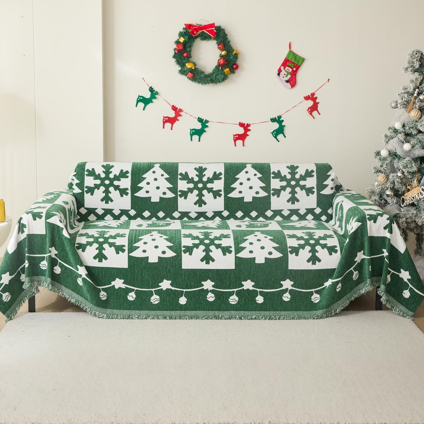 MEETSKY Christmas Couch Cover for Sectional Sofa, Chenille Loveseat Green Sofa Covers Washable for Pet Friendly Snowflake Christmas Tree Decorative Couch Covers, 71" x 102"