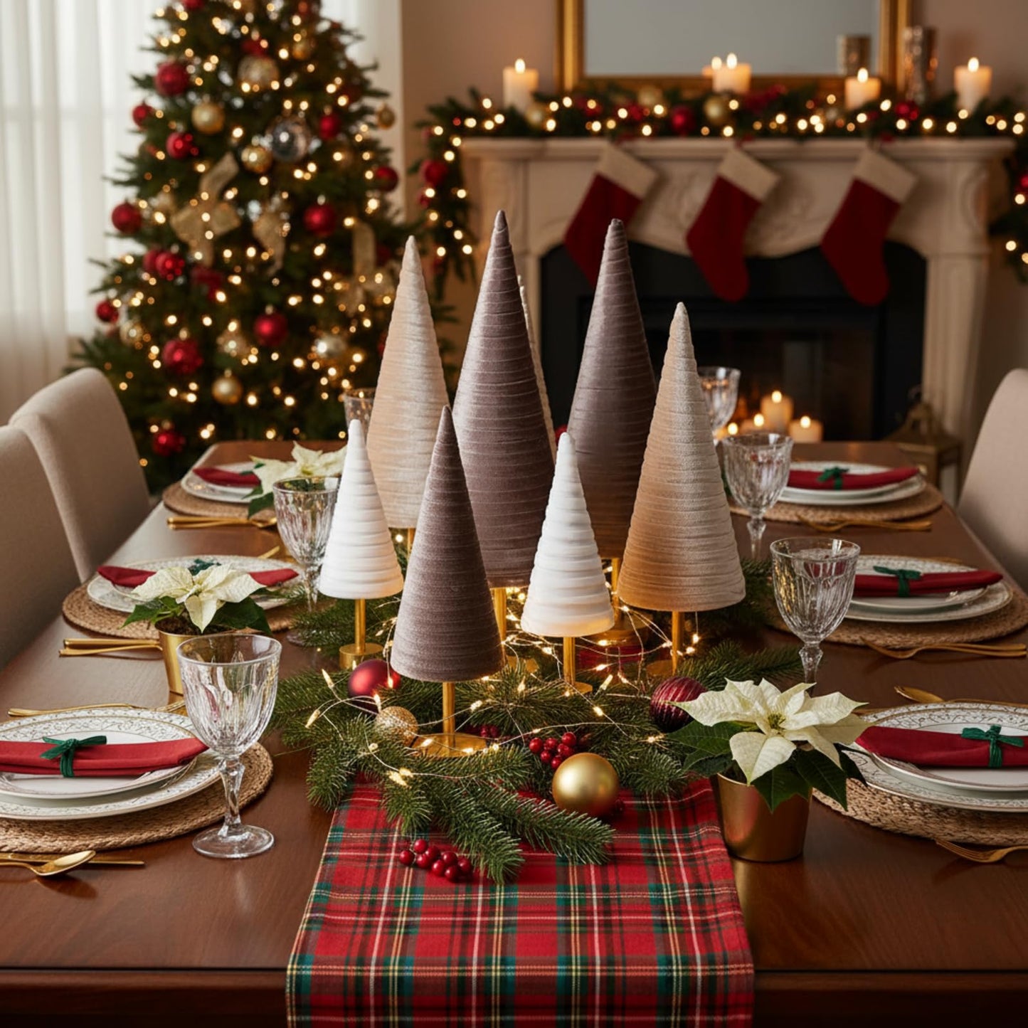 Hoolerry 6 Pcs Christmas Velvet Trees with Gold Pedestal Christmas Velvet Cones Tree Mantel Decor Modern Rustic Winter Home Minimalist for Holiday Entryway Table Wedding Centerpiece(Gold Brown)