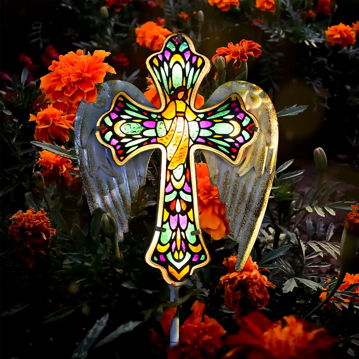 YJFWAL Solar Glass Cross Garden Stake Light, Cemetery Decorations for Grave Outdoor Lights, Easter Jesus Cross Angel Wings Sympathy Memorial Day Decor, for Garden Lawn Yard Patio