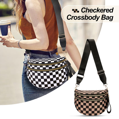 Checkered Crossbody Bag,Nylon Bum Bags for Women Crossbody,Spacious Sling Bag Purse Fanny Packs with Shoulder Strap