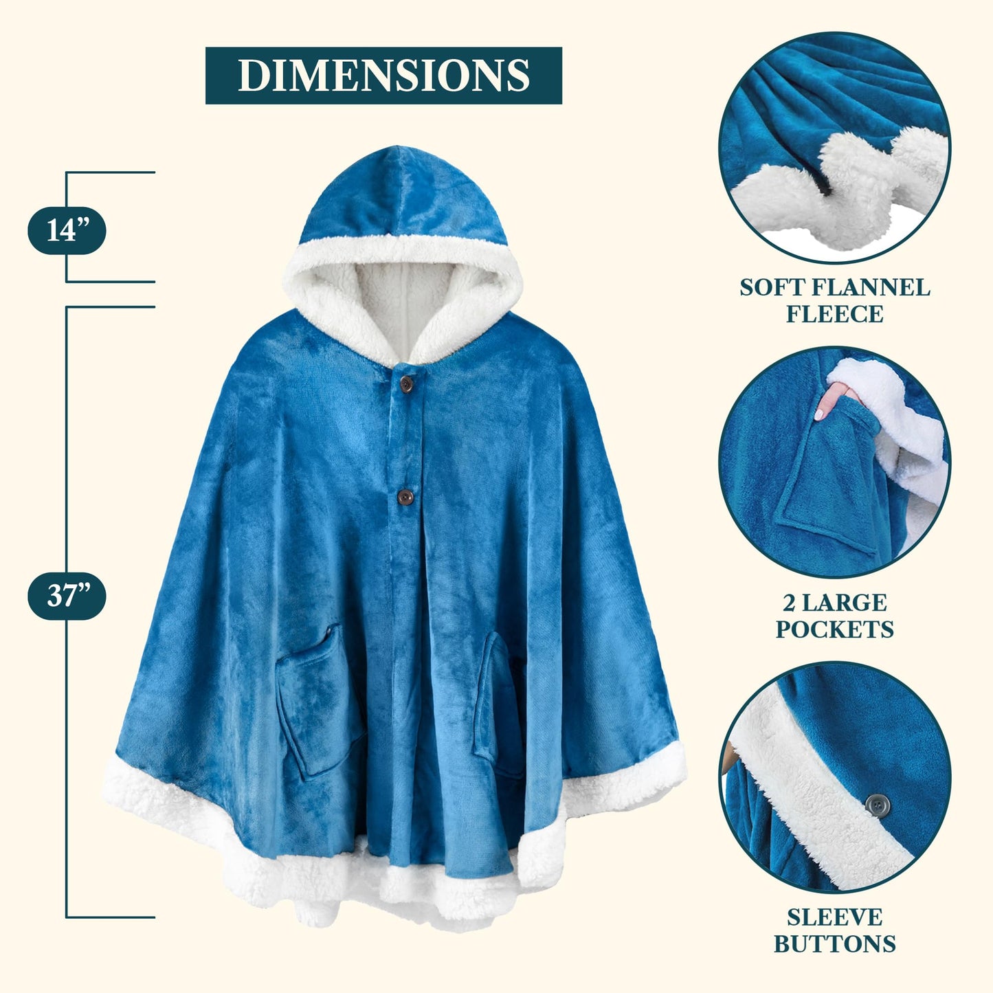 PAVILIA Hooded Blanket Poncho, Women Sherpa Fleece Shawl Wrap with Hood, Wearable Blanket Cozy Warm Poncho Cape Throw with Pockets, Gift for Elderly Mom, Turquoise Sea Blue