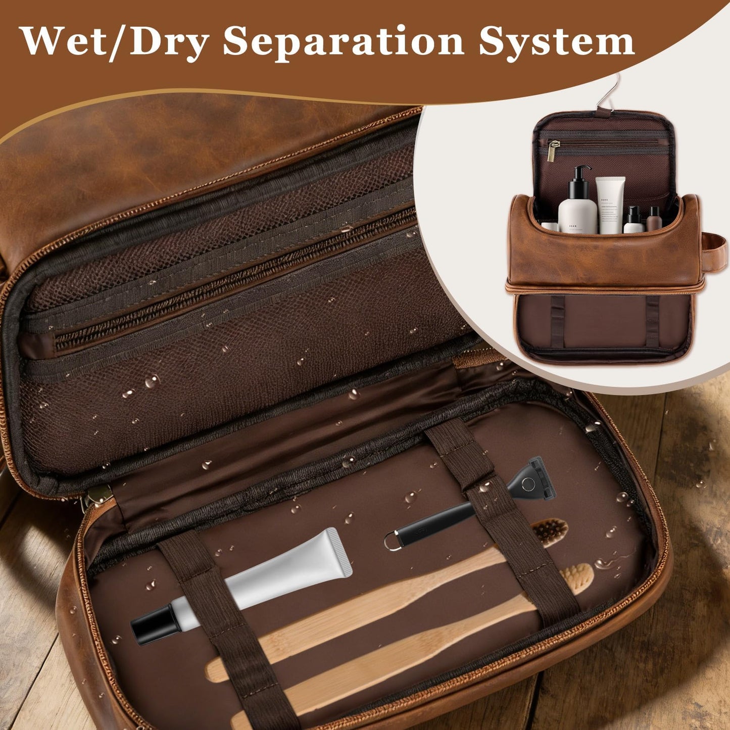 Aganmi Personalized Toiletry Bag Fathers Day Birthday Gifts for Men Dad Husband, Custom Initial Waterproof PU Leather Toiletry Organizer Dopp Kit Shaving Bag Travel Essential for Him Light Brown J