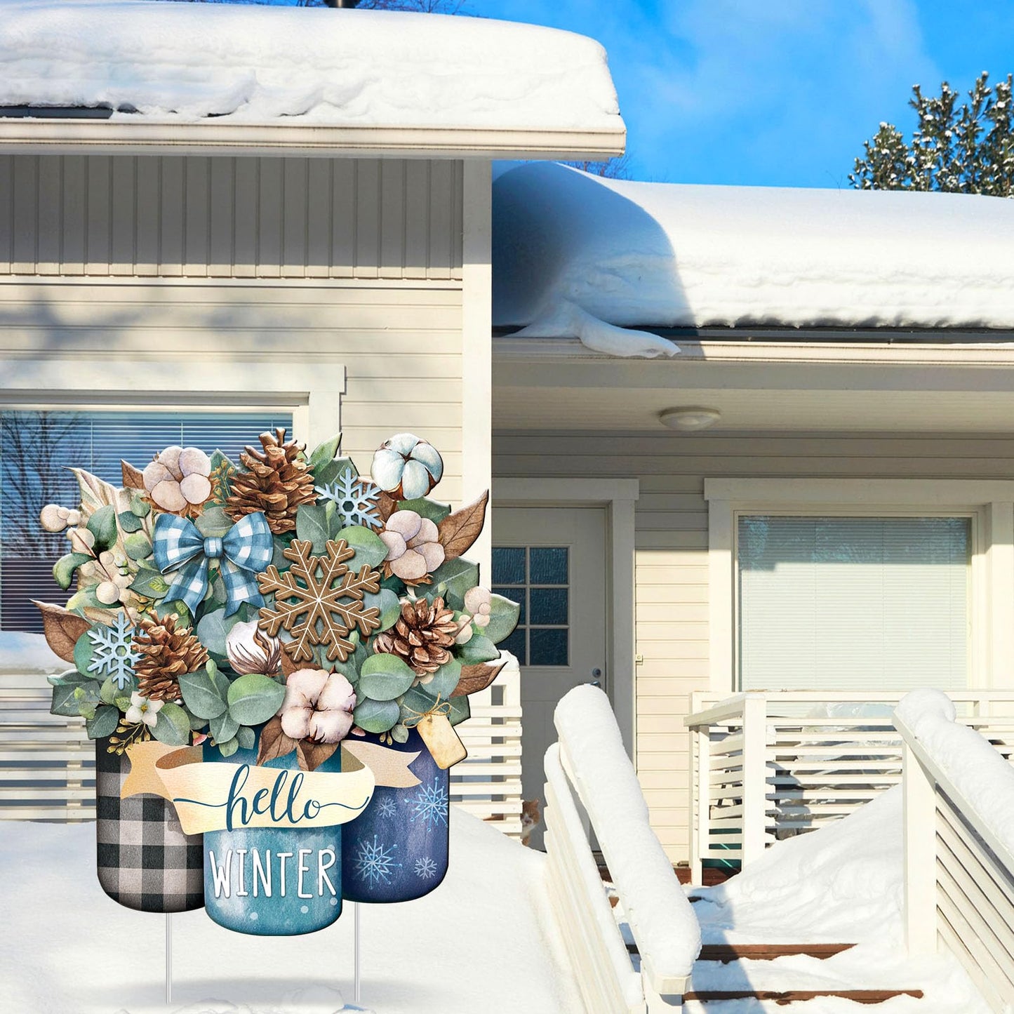 Memorywuu Metal Winter Christmas Decoration Hello Winter Yard Sign Stake 14.2 Inch Snowflake Mason Jar Outdoor Yard Decor for Christmas Party Outside Lawn Decorations Garden Patio Walkway