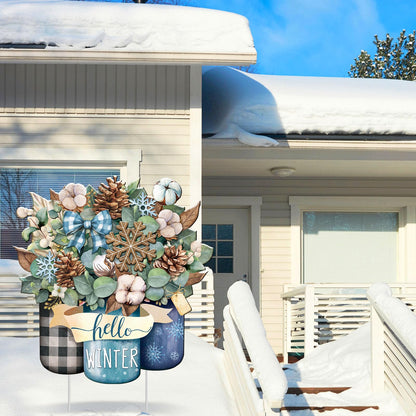 Memorywuu Metal Winter Christmas Decoration Hello Winter Yard Sign Stake 14.2 Inch Snowflake Mason Jar Outdoor Yard Decor for Christmas Party Outside Lawn Decorations Garden Patio Walkway