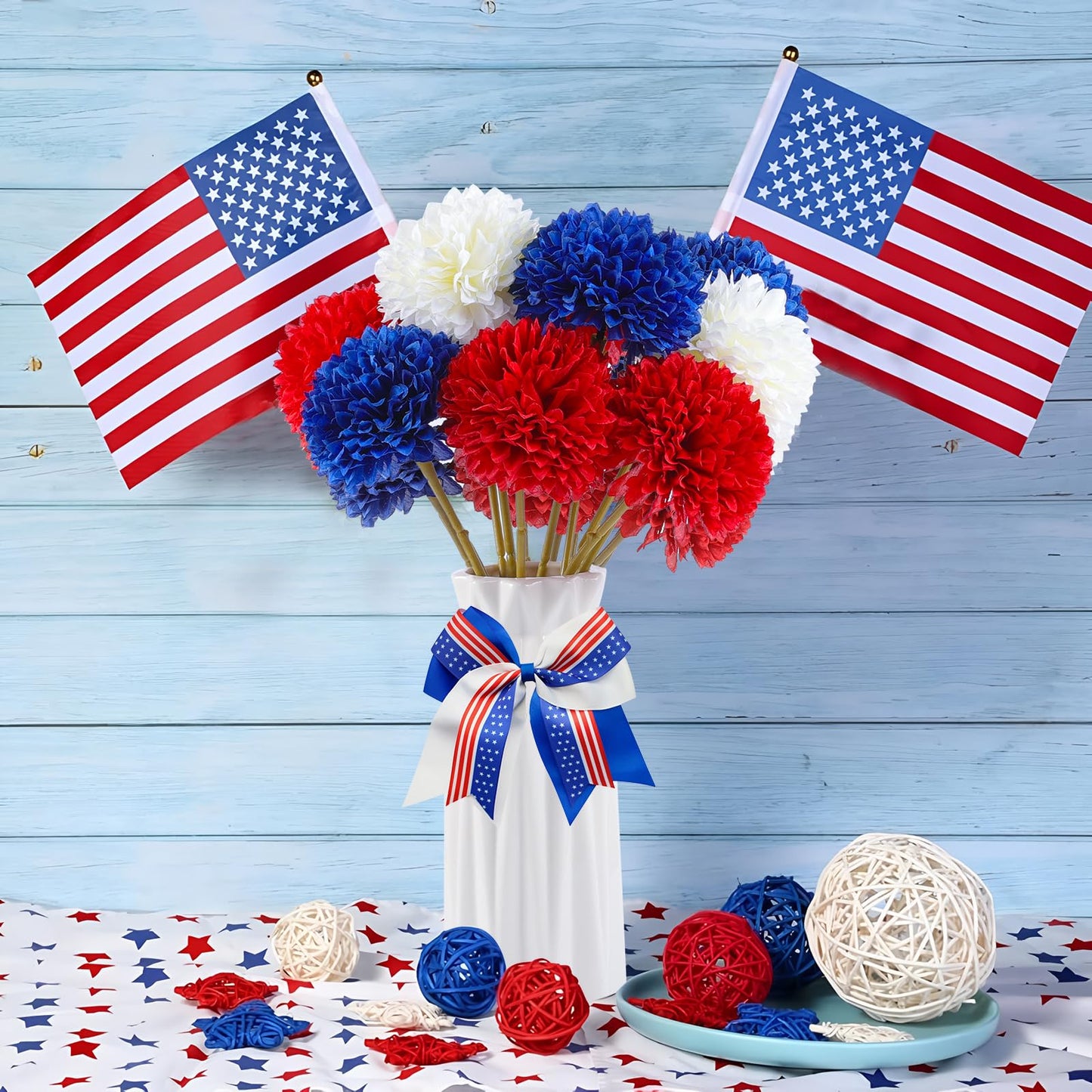 Rowfad 12 Pcs Artificial Chrysanthemums Flowers Patriotic Flowers 4th of July Fake Mums Flowers Silk Red White Blue Flower for Home Decor Indoor Memorial Day Table Centerpiece (12, Red White Blue)
