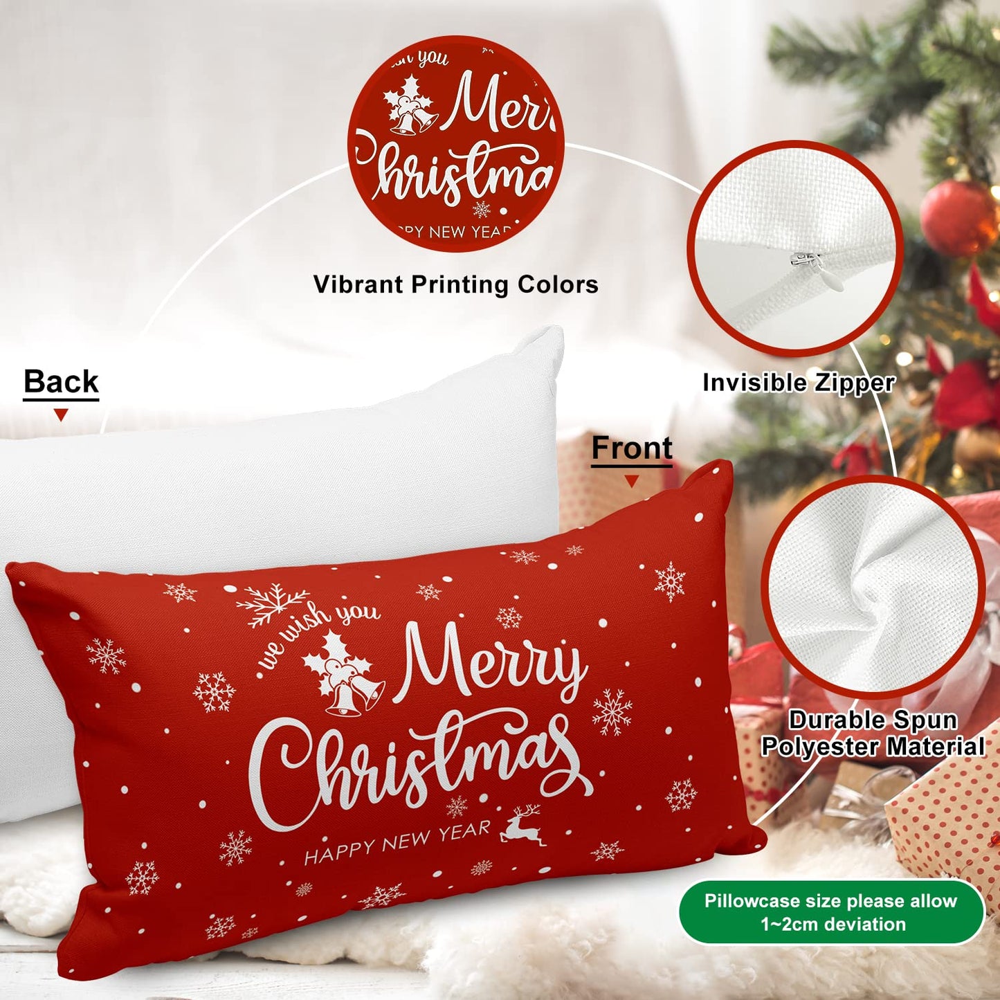 Lanpn Christmas Lumbar Throw Pillow Covers 12x24 Set of 4, Merry Christmas Winter Xmas Snowflake Decorative Holiday Cushion Pillow Cases 12 x 24 for Indoor Farmhouse Home Room Couch Decor (Red)