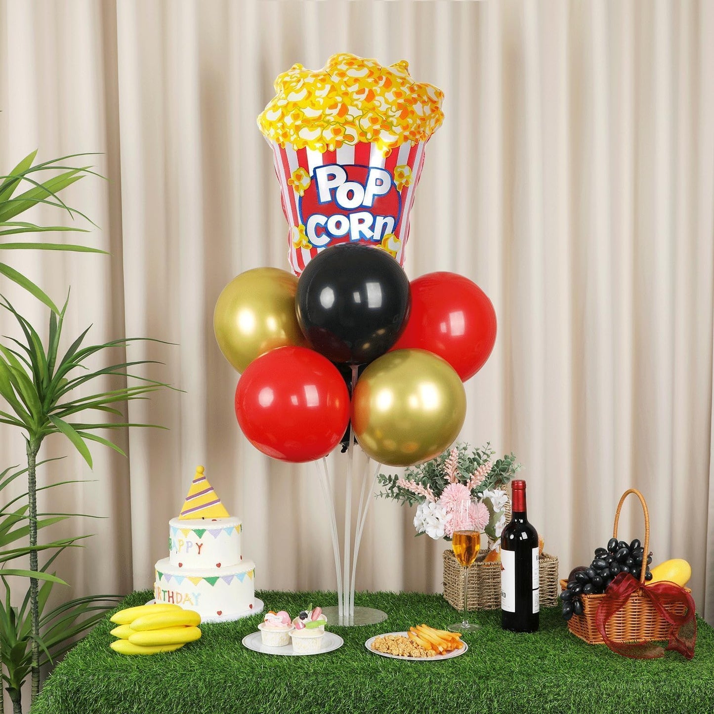 4 Sets Movie Night Party Balloons Stand Kit with Popcorn Clapboard Star Foil Balloons Red Black Gold Themed Party Balloon Centerpiece for Tables for Birthday Camera Film Party Movie Themed Decorations