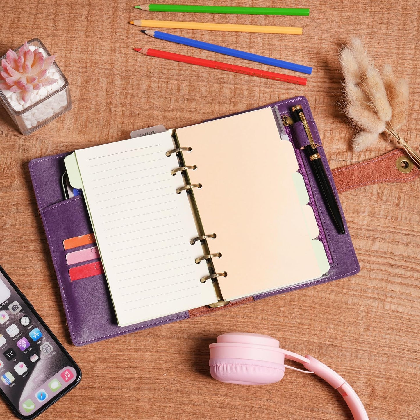 Wonderpool A6 Binder Journal Leather Spiral Notebook Refillable College Ruled Paper, Budget Binder Rings Diary Organizer with Pen for Office School Travel Business Planning Writing (Purple,A6)