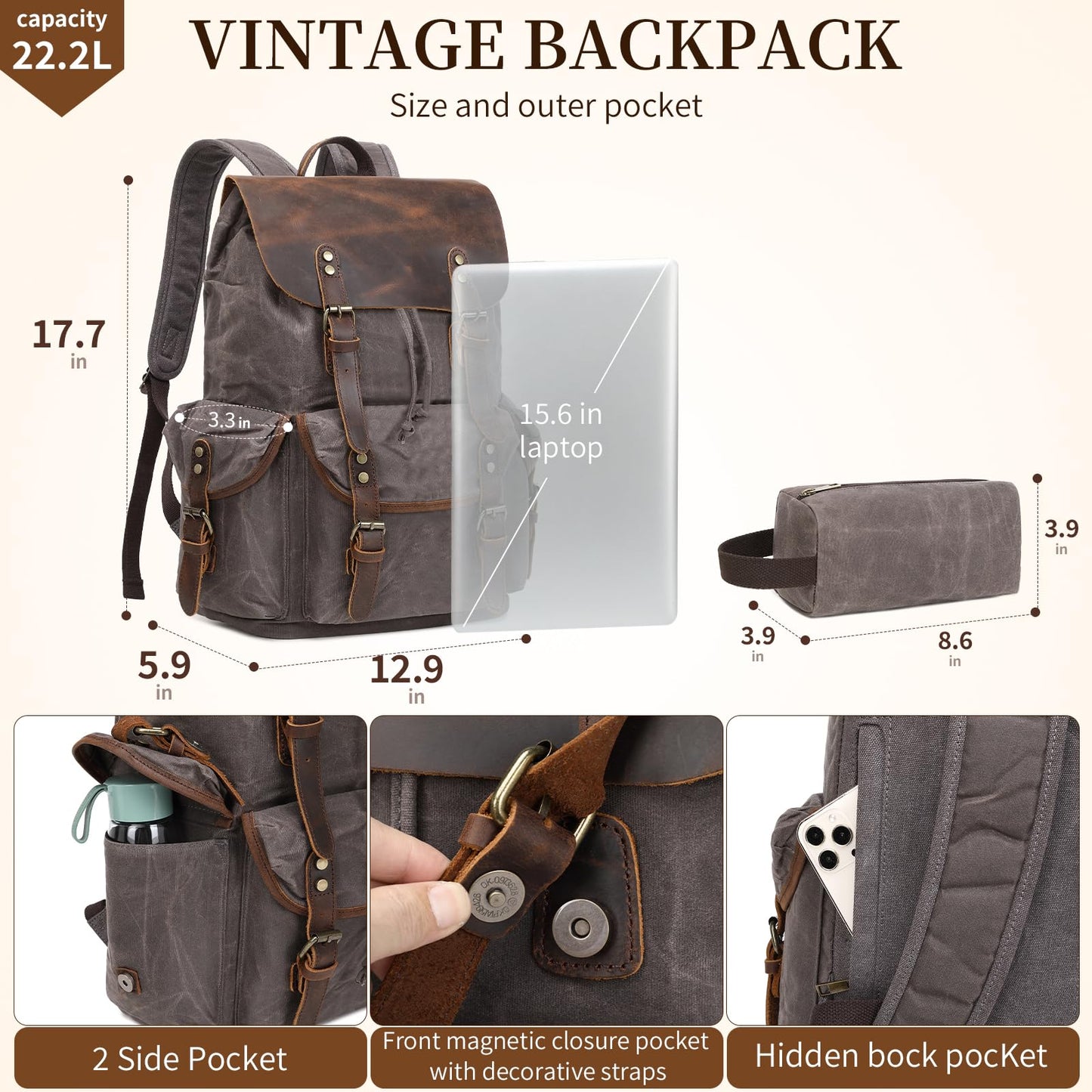 Yamons Genuine Leather Backpack for Men, Waxed Canvas Backpack Shoulder Rucksack with Toiletry Vintage Backpack for Travel,Camping, Hiking(Grey)