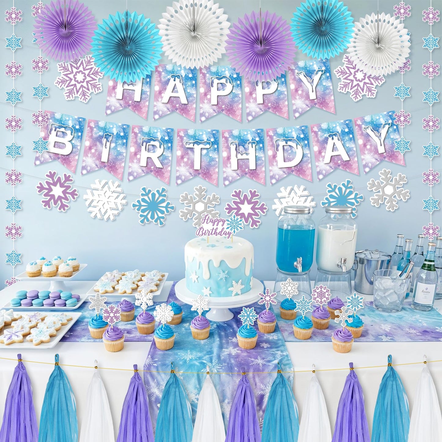 LakPty Frozen Party Decorations, Blue Purple White Snowflake Theme Birthday Decor Kit with Banner, Garlands, Cake Topper, Paper Fans, Tassels Decors for Boys Girls Winter Holiday Party Supplies