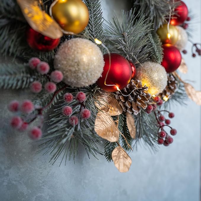 YULETIME 20-inch Christmas Wreath, Battery Operated Holiday Wreath with 20 Fairy Lights, Red & Gold Baubles, Frosty Red Berries, Pine Cones, Golden Leaves, Frosted Spruce Branches & Pine Needles
