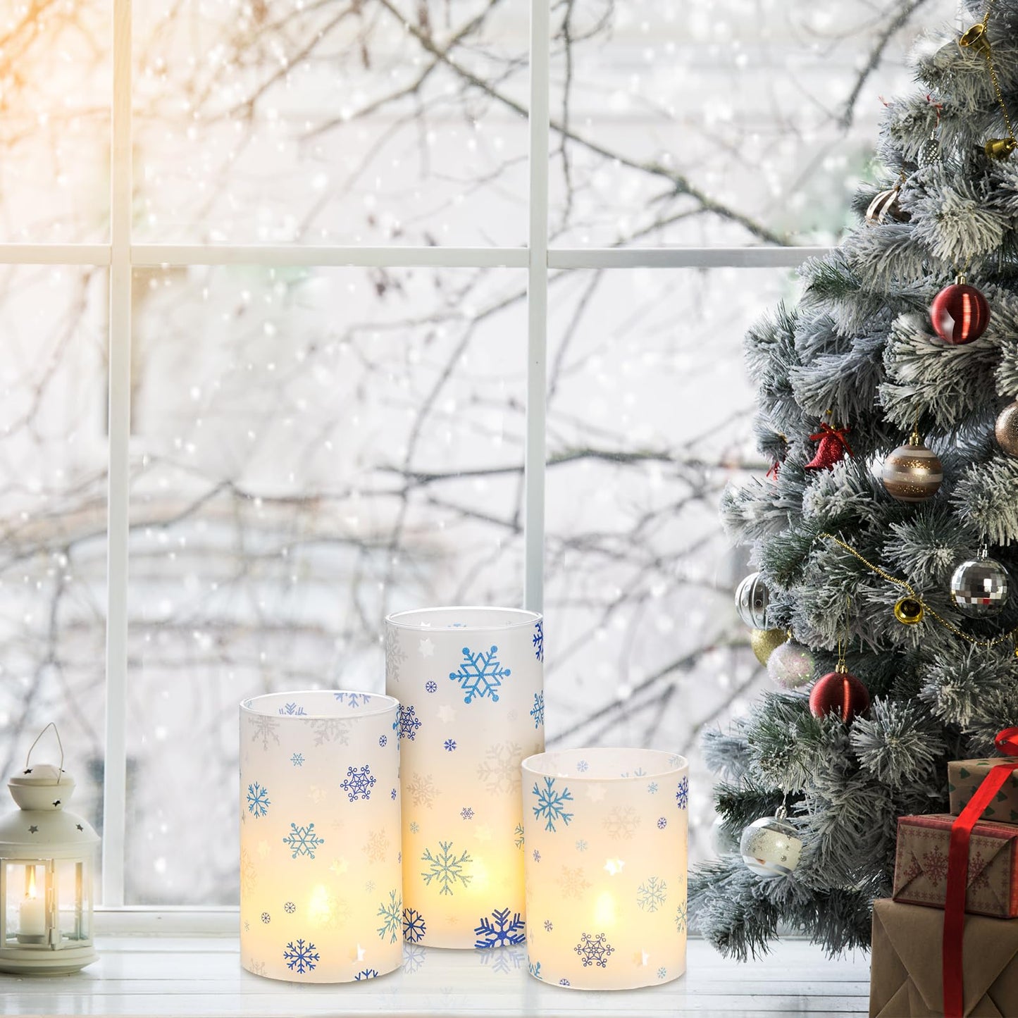 Baquler 3 Set Snowflake Flameless Candles Christmas Winter Themed Lampshade with LED Tea Lights Silver and Blue Snowflake Candle Decorations for Xmas Winter Tabletop Fireplace Home Decor