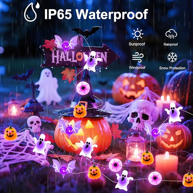 Halloween String Lights, 16 ft 50 LED Pumpkin Bat Eyes Ghost Battery Operated Lights for Lawns Garden Outdoor Holiday Party Halloween Decorations (1 Pack)