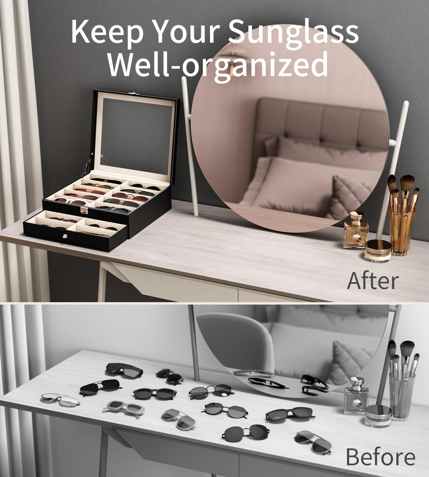 NEWLOOP Sunglasses Case Storage Organizer - Sunglass Organizer See-through Display Case Multiple Pairs Glasses Holder Stand 2-layer Eyeglass Jewelry Watch Collection Box for Men with 20 Slot Black