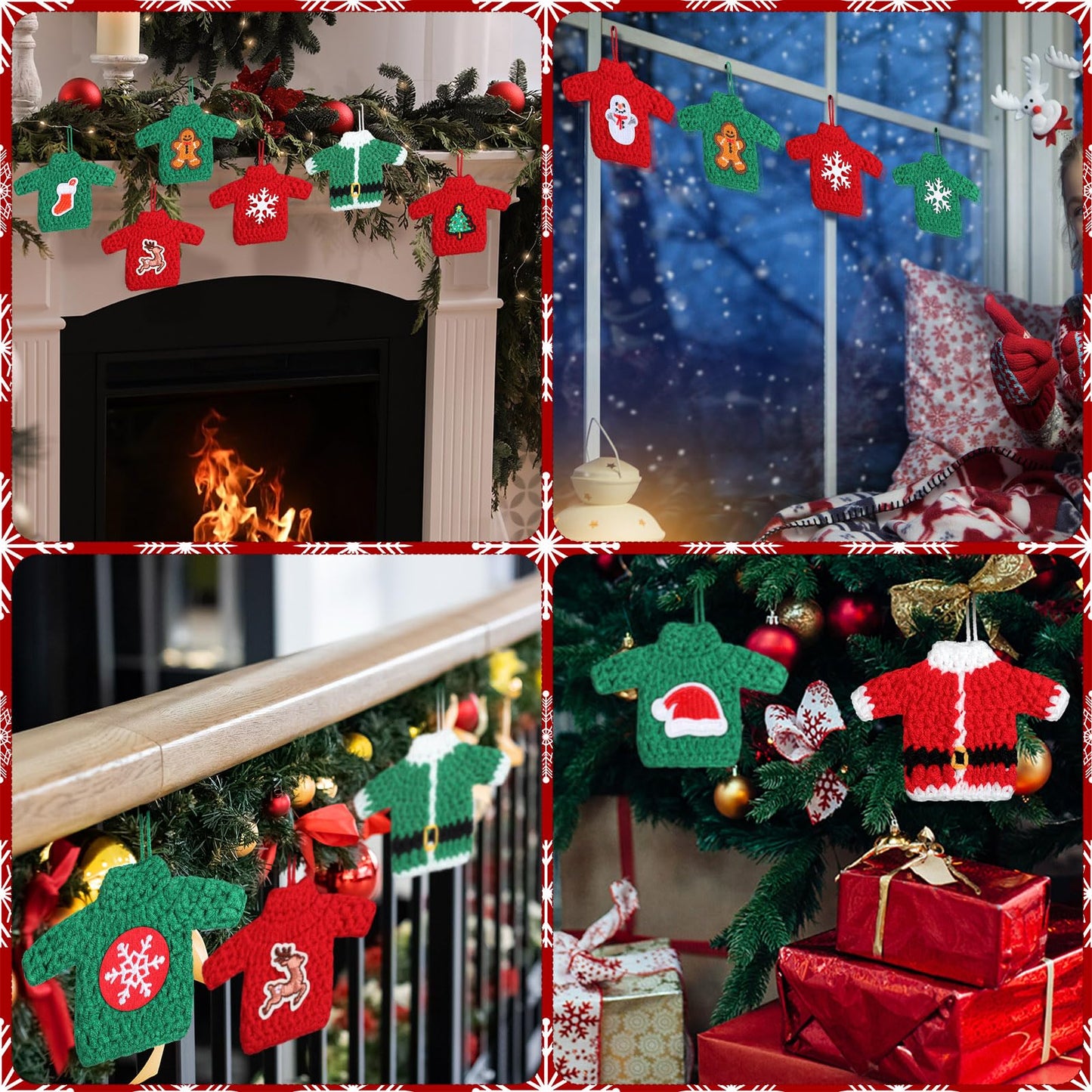 12 Pcs Handcrafted Crochet Ugly Sweater Ornament Christmas Red and Green Ugly Sweater Decorations for Christmas Tree Snowflake Gingerbread Reindeer Santa Hanging Decor for Xmas Winter Party Favors