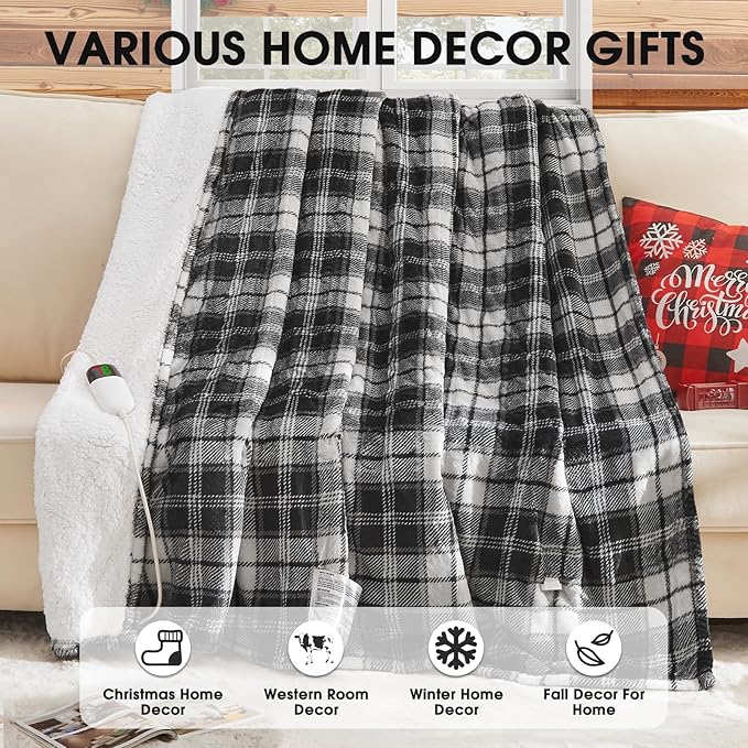 Black Heated Blanket Electric Full Size,72X84 Heating Blanket,Plaid Soft Sherpa Blankets Warmer Gift for Grandma Women Adult,Fast Heating Washable