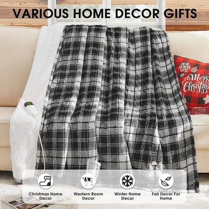 Black Heated Blanket Electric Full Size,72X84 Heating Blanket,Plaid Soft Sherpa Blankets Warmer Gift for Grandma Women Adult,Fast Heating Washable