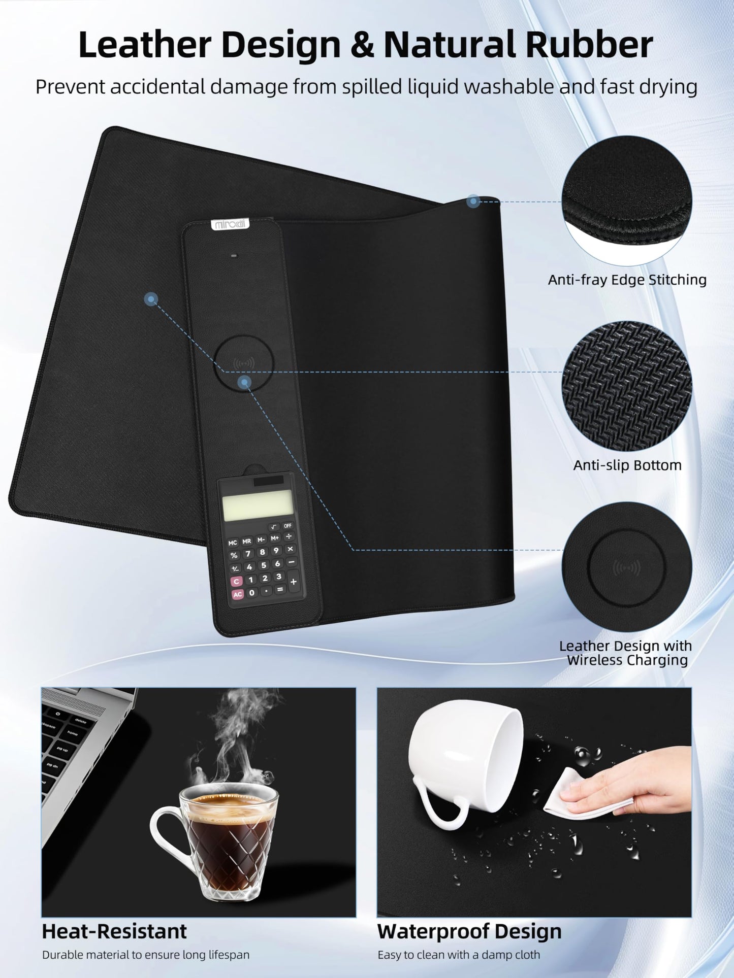 Mouse Pad 31.5x15.75 Inch with Calculator, 15W Magnetic Wireless Charging Desk Mat, XXL Desk Pad, Home Office Large Keyboard Pad with Ultra-Smooth Surface, Non-Slip Base (Black with 20W PD Charger)