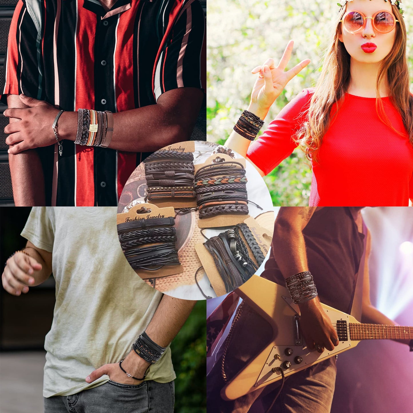 SONNYX 44 Pcs Braided Leather Bracelets for Men Women Woven Cuff Wrap Bracelets Hemp Cords Wood Beads Ethnic Tribal Bracelets Adjustable Leather Wristbands