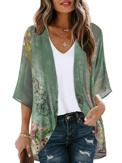 Women's Floral Print Puff Sleeve Kimono Cardigan Loose Cover Up Casual Blouse Tops(Army Green Floral,S)