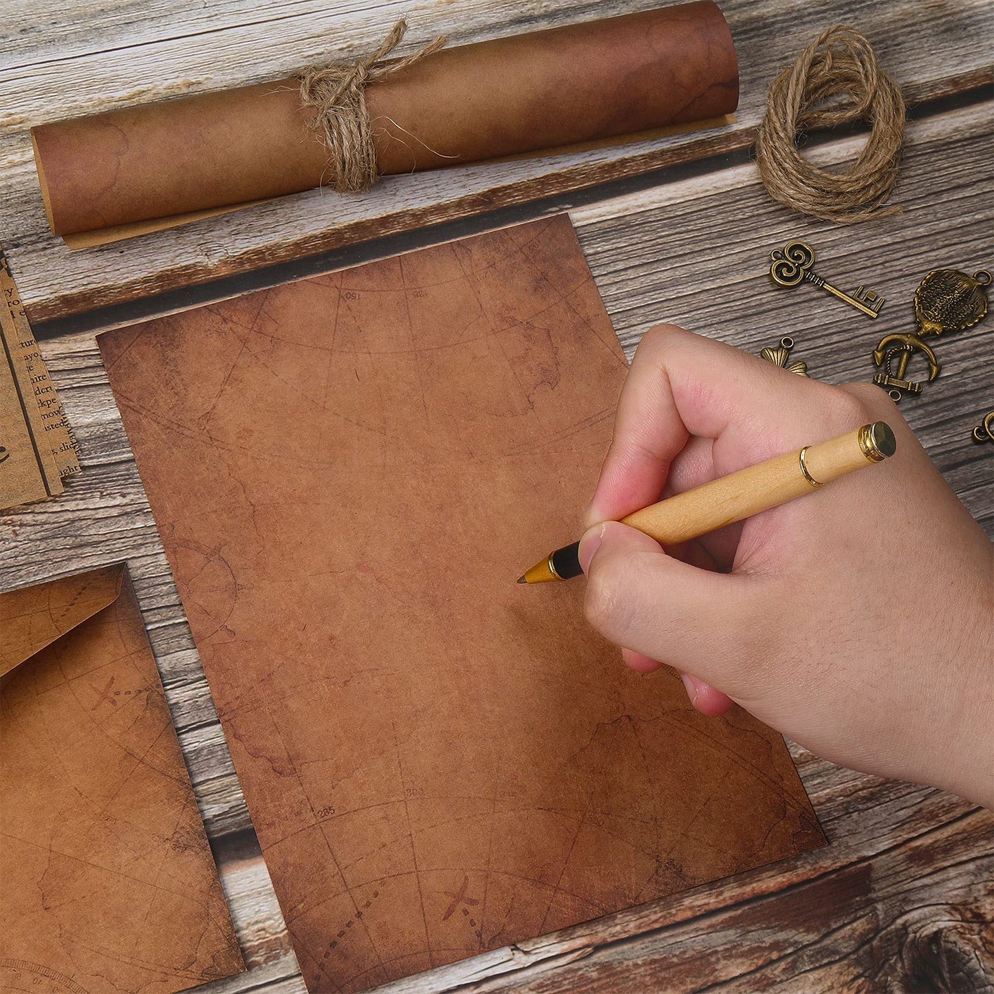 Vintage Stationary Paper and Envelopes Set, Writing Stationery Paper Letter and Envelopes Includes Sheets Antique Letter Papers, Kraft Envelopes, Retro Accessories, Rope (120 Pieces)