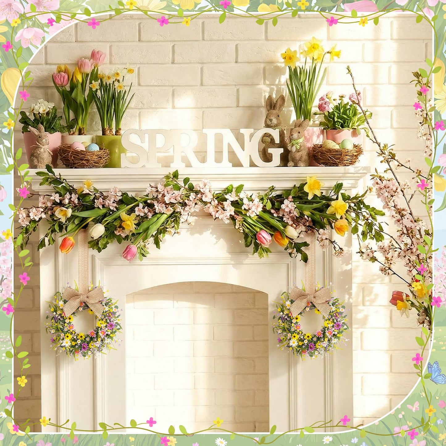Dingion 6 Pcs 6" Mini Spring Cabinet Wreaths Spring and Summer Wildflower Candle Rings Wreaths for Kitchen with Ribbon Small Floral Wreath for Window Door Farmhouse Wedding Decorations