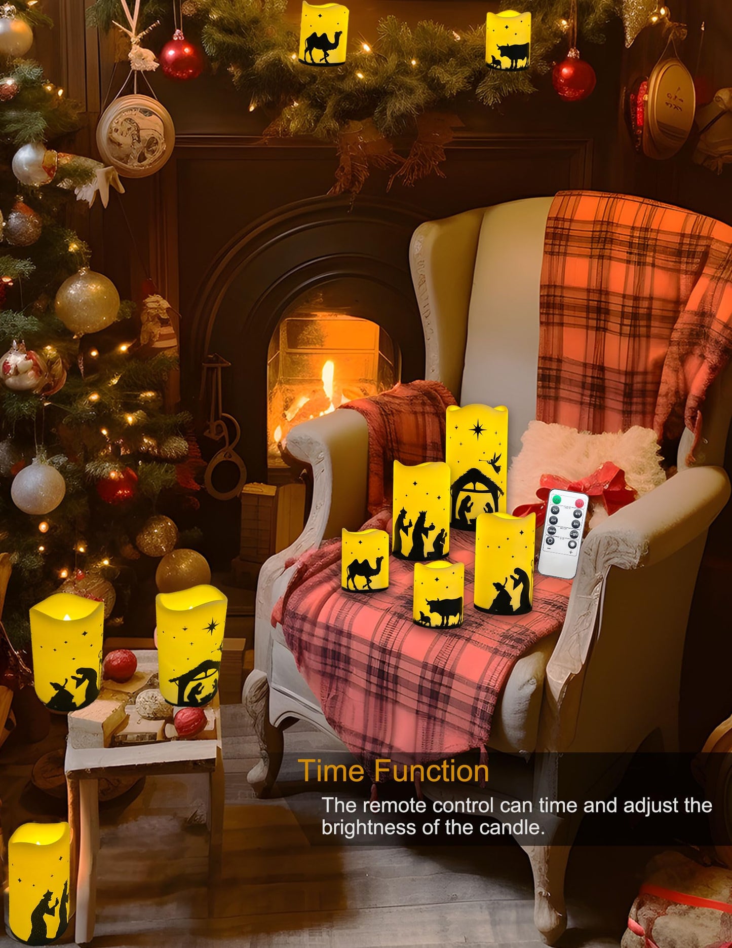 QVAIVE Flameless Christmas Nativity Scene Candles, Pillar Flickering Religion Candle with Timer Remote,Battery Operated LED Fake Candle for Xmas Home Holiday Decor Set of 5
