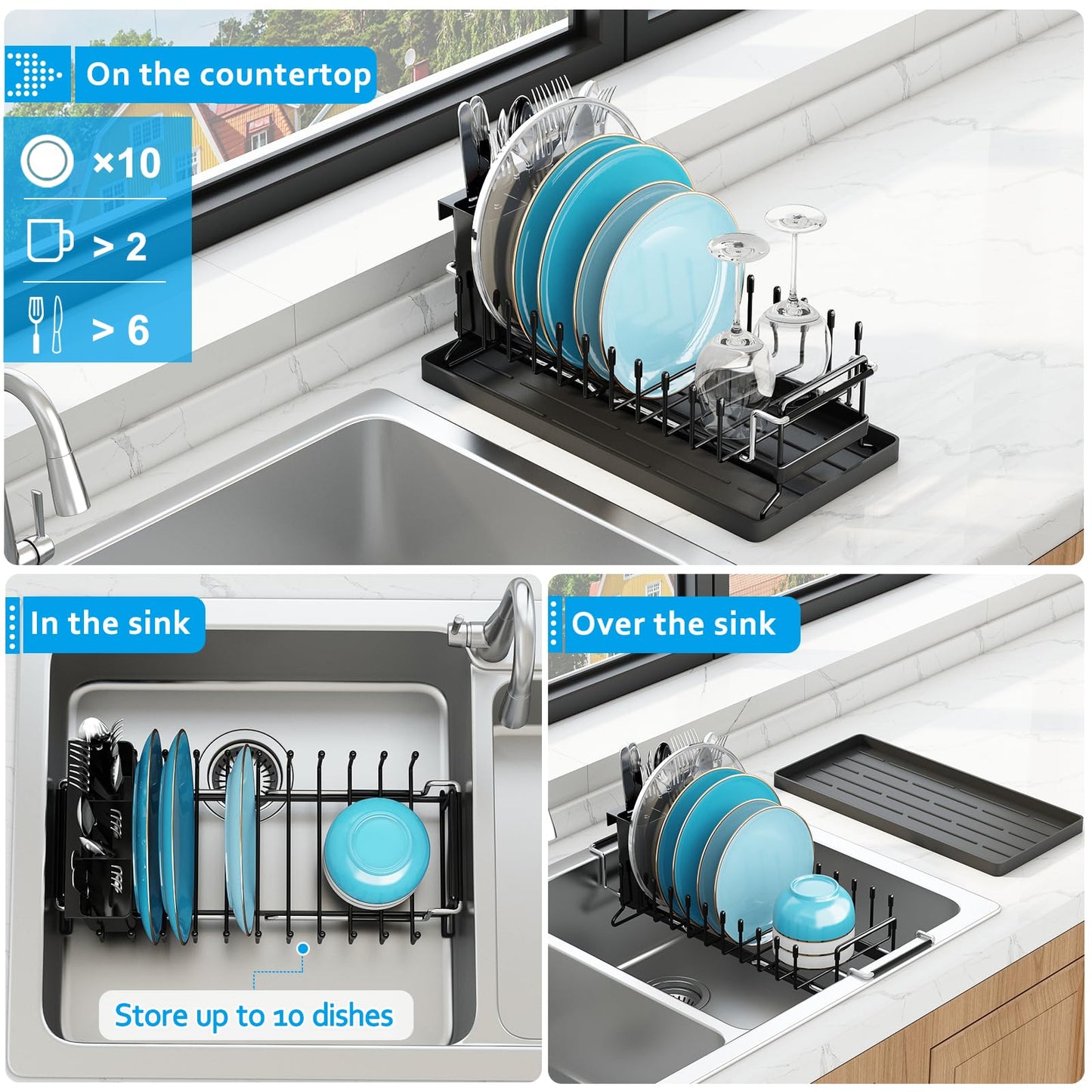 ANTOPY Sink Dish Drying Rack - Expandable Small Dish Rack Over Sinks with Silicone Drying Tray, Dish Drainer for Kitchen Counter with Cutlery Holder, Drying Rack Fit for 14’’-19’’ Kitchen Sink