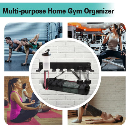 Heavy Duty Wall Mount Gym Rack 16" 8-Prong Multi-Purpose Storage for Barbells, Resistance Bands, Jump Ropes, Lifting Belts, Chains, Foam Rollers & Straps Home Gym Organizer