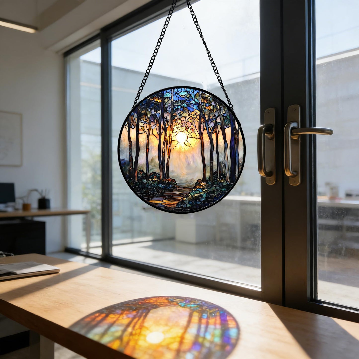 DASTOLL Stained Glass Window Hanging, Forest Sunrise Smoke Blue Brown Tree Suncatcher for Doors Window Home Landscape Sun Catchers Decor Mother's Day Birthday Gifts for Women, Men Mom 7.8 in