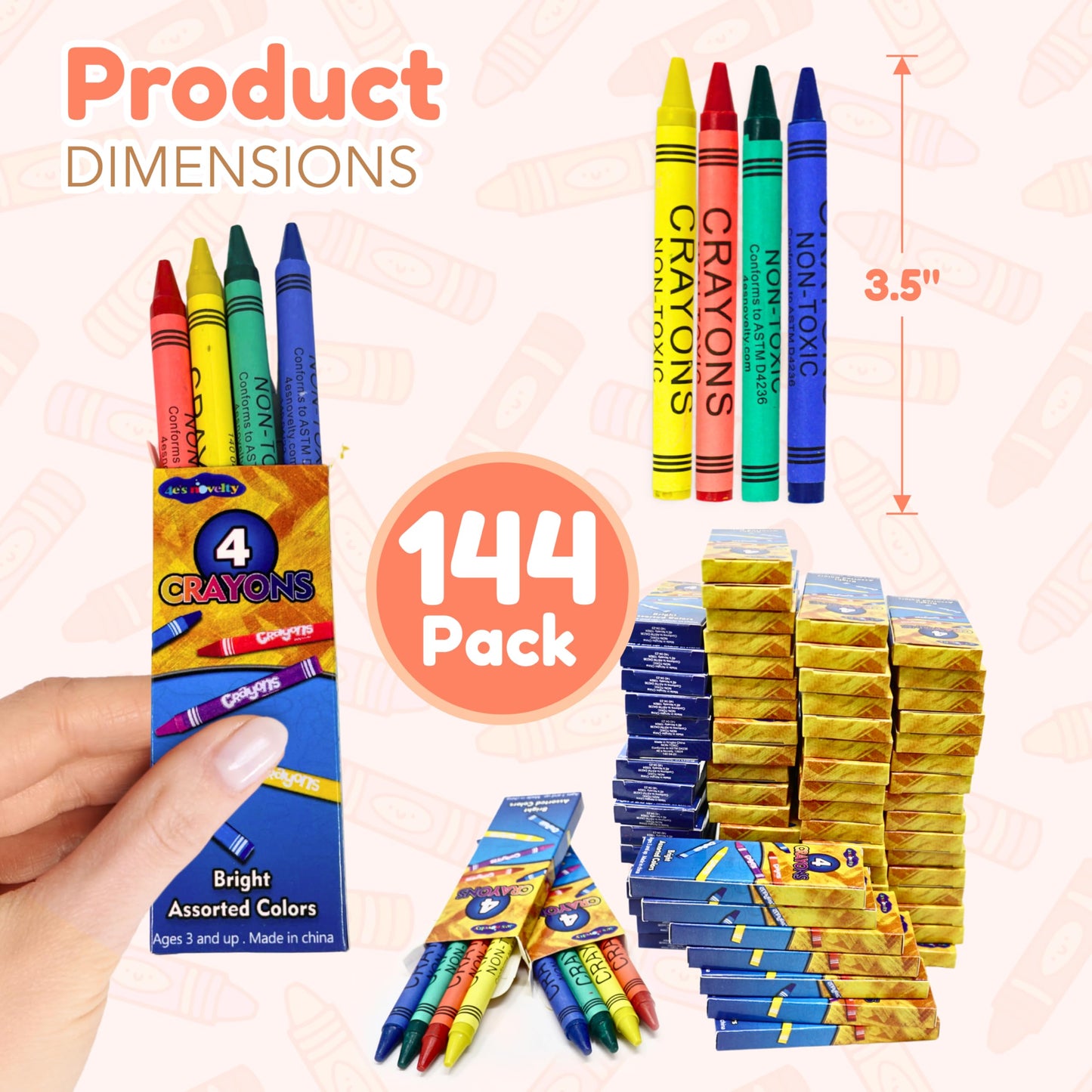 4E's Novelty 144 Boxes of 4 Packs Bulk Crayons for Kids, Non-Toxic Crayons Bulk, Classroom Must Haves, Supplies for Teachers Restaurants Crayon Party Favors Individual Packs