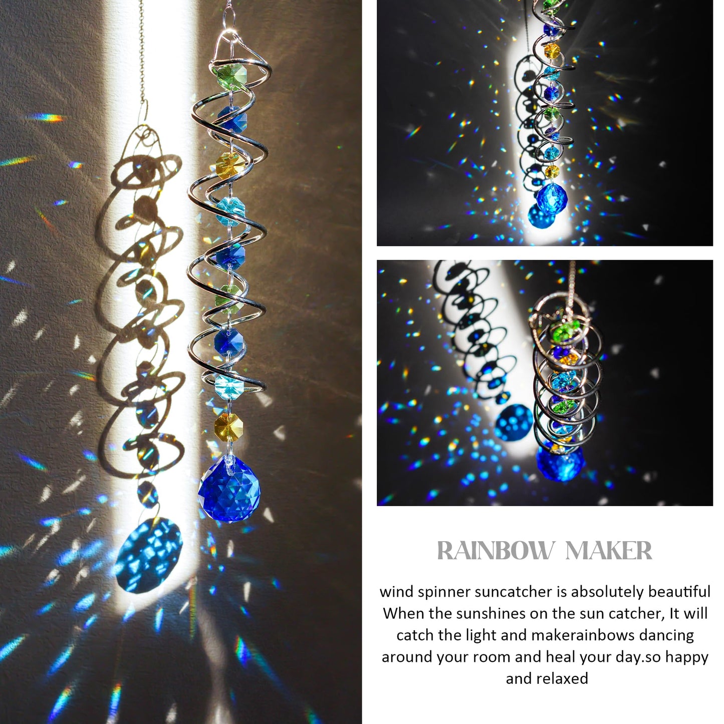 H&D HYALINE & DORA 20.5inch Gazing Ball Spiral Tail,Decorative Wind Spinner Sun Catcher,Rainbow Maker Double-Spiral W/Sea Blue Crystal Ball and Chain,Glass Crystals for Indoor Outdoor Decoration