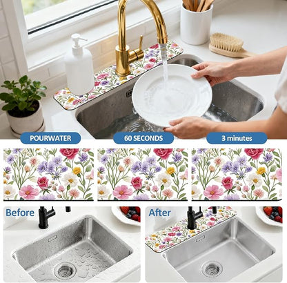 2 Pcs Kitchen Sink Splash Guard Faucet Mats Colorful Watercolor Flowers and